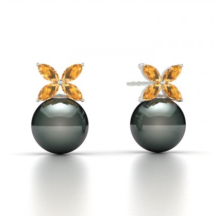 Eulasis Boucles d'oreilles Citrine et Perle de Tahiti 8 à 9 mm en Argent 925