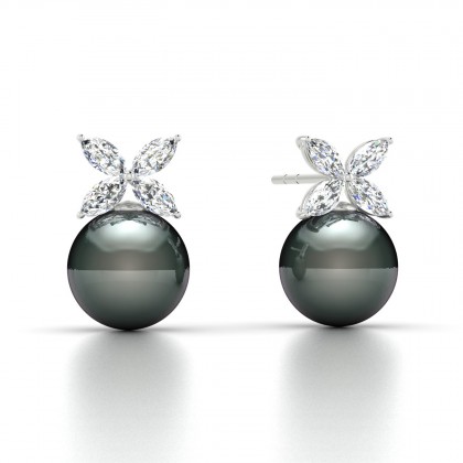 Eulasis Boucles d'oreilles Diamant et Perle de Tahiti 8 à 9 mm en Argent 925