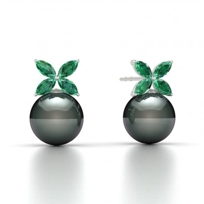 Eulasis Boucles d'oreilles Emeraude et Perle de Tahiti 8 à 9 mm en Argent 925