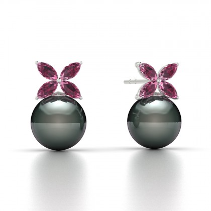 Eulasis Boucles d'oreilles Grenat et Perle de Tahiti 8 à 9 mm en Argent 925