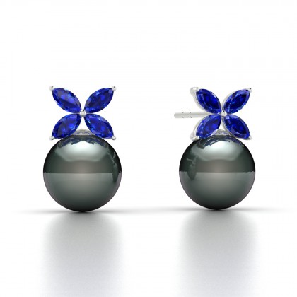 Eulasis Boucles d'oreilles Saphir et Perle de Tahiti 8 à 9 mm en Argent 925