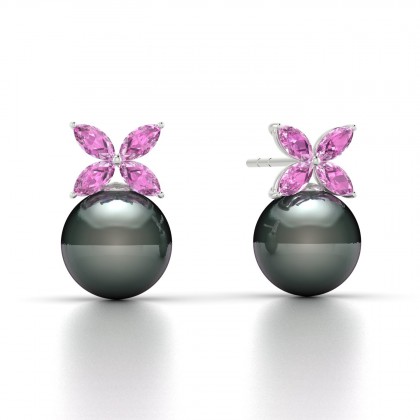 Eulasis Boucles d'oreilles Saphir rose et Perle de Tahiti 8 à 9 mm en Argent 925