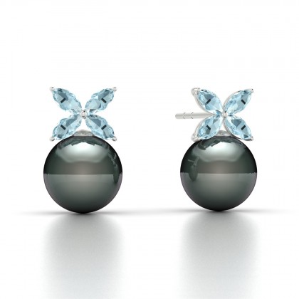 Eulasis Boucles d'oreilles Aigue-marine et Perle de Tahiti 8 à 9 mm en Or blanc 18k