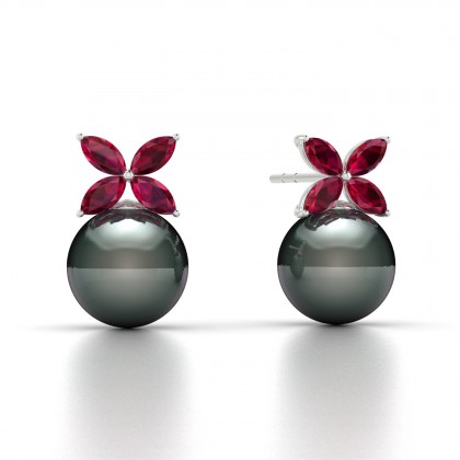 Eulasis Boucles d'oreilles Rubis et Perle de Tahiti 8 à 9 mm en Or blanc 18k