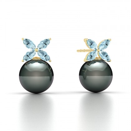 Eulasis Boucles d'oreilles Aigue-marine et Perle de Tahiti 8 à 9 mm en Or jaune 18k