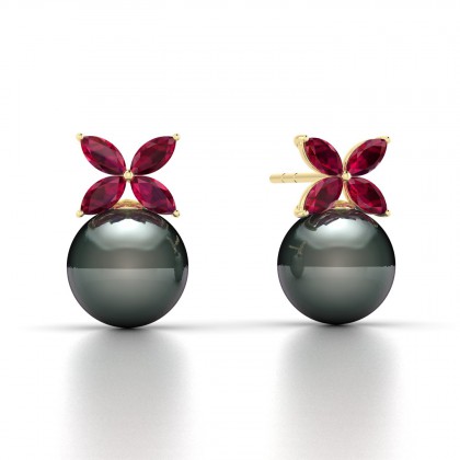 Eulasis Boucles d'oreilles Rubis et Perle de Tahiti 8 à 9 mm en Or jaune 18k