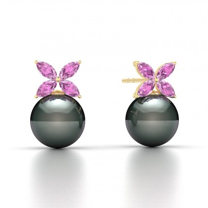 Eulasis Boucles d'oreilles Saphir rose et Perle de Tahiti 8 à 9 mm en Or jaune 18k