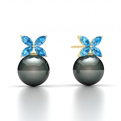 Eulasis Boucles d'oreilles Topaze et Perle de Tahiti 8 à 9 mm en Or jaune 18k