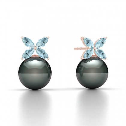 Eulasis Boucles d'oreilles Aigue-marine et Perle de Tahiti 8 à 9 mm en Or rose 18k